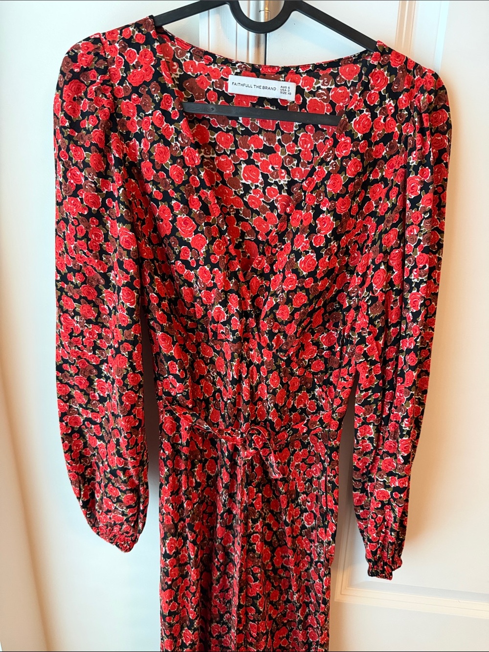 Faithfull the Brand Black Dress with Red Rose Print